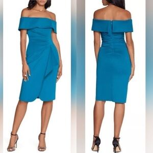 Xscape off the shoulder ruched scuba cocktail dress teal Women’s Size 6 formal